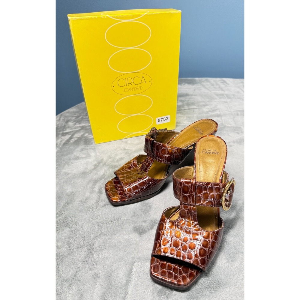 Circa Joan David Sandals Womens 9.5 M Brown Croc Embossed Heels T-Strap